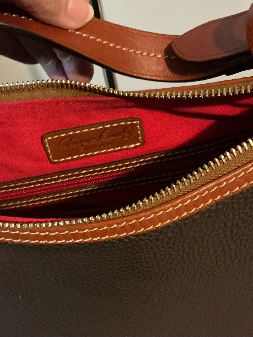 Dooney & Bourke Pebble Grain Leather Hobo Shoulder Bag Brown with Tan Trim EUC
